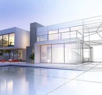 Modern house transitioning from architectural wireframe to completed building.