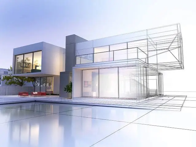 Modern house transitioning from architectural wireframe to completed building.