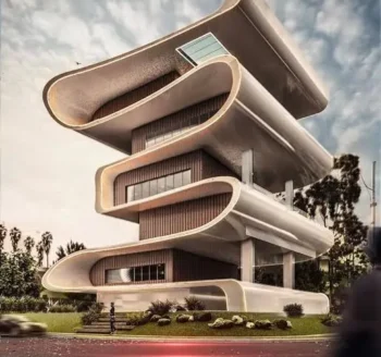 Futuristic commercial building with curved architectural elements and luxury exterior.