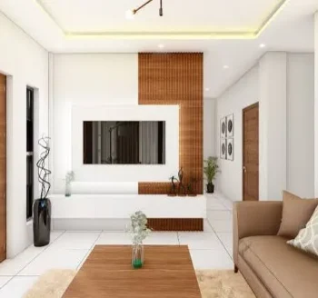 Modern home entrance with wooden accents, clean white walls, and minimalist décor.