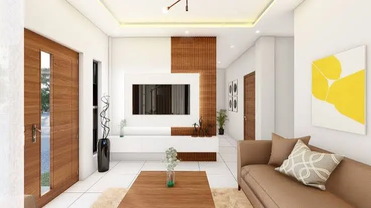 Modern home entrance with wooden accents, clean white walls, and minimalist décor.