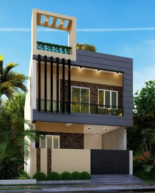 Modern two-storey house with balcony, stone cladding, and contemporary architecture.